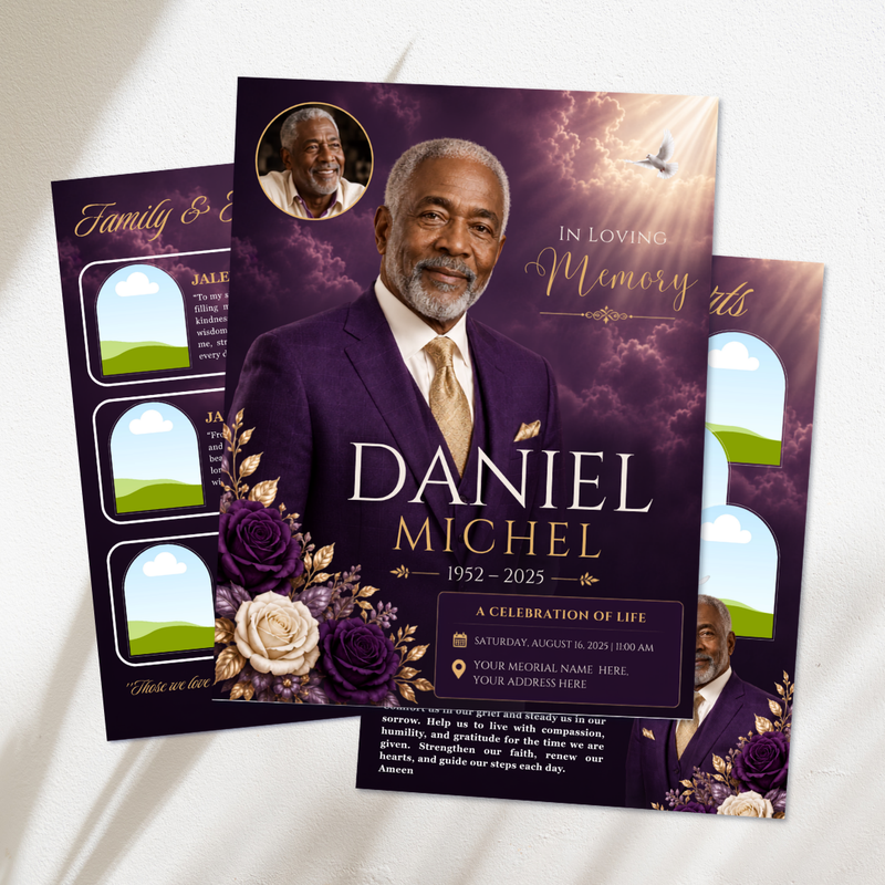 Purple & Gold Funeral Program Template: 8-Page Memorial (Canva PDF)