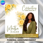 Yellow Water color flower Funeral Announcement Flyer: Obituary, Celebration of Life (Canva Template PDF)