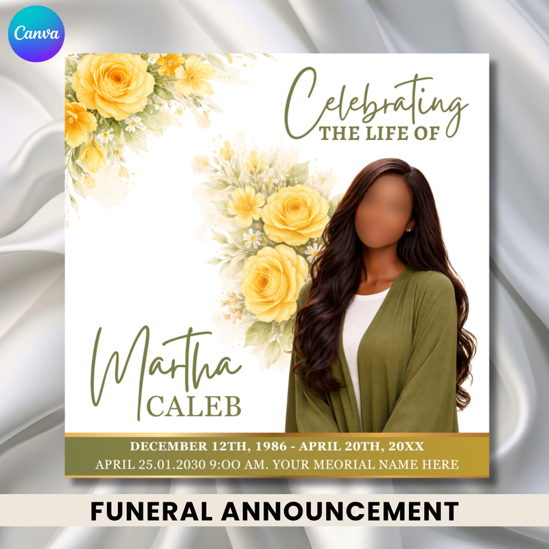Yellow Water color flower Funeral Announcement Flyer: Obituary, Celebration of Life (Canva Template PDF)