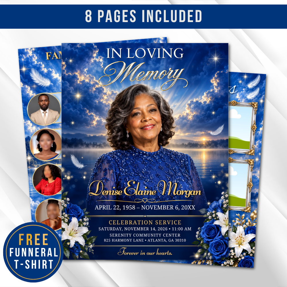 Blue and Gold Funeral Program Template: 8-Page Memorial (Canva PDF)