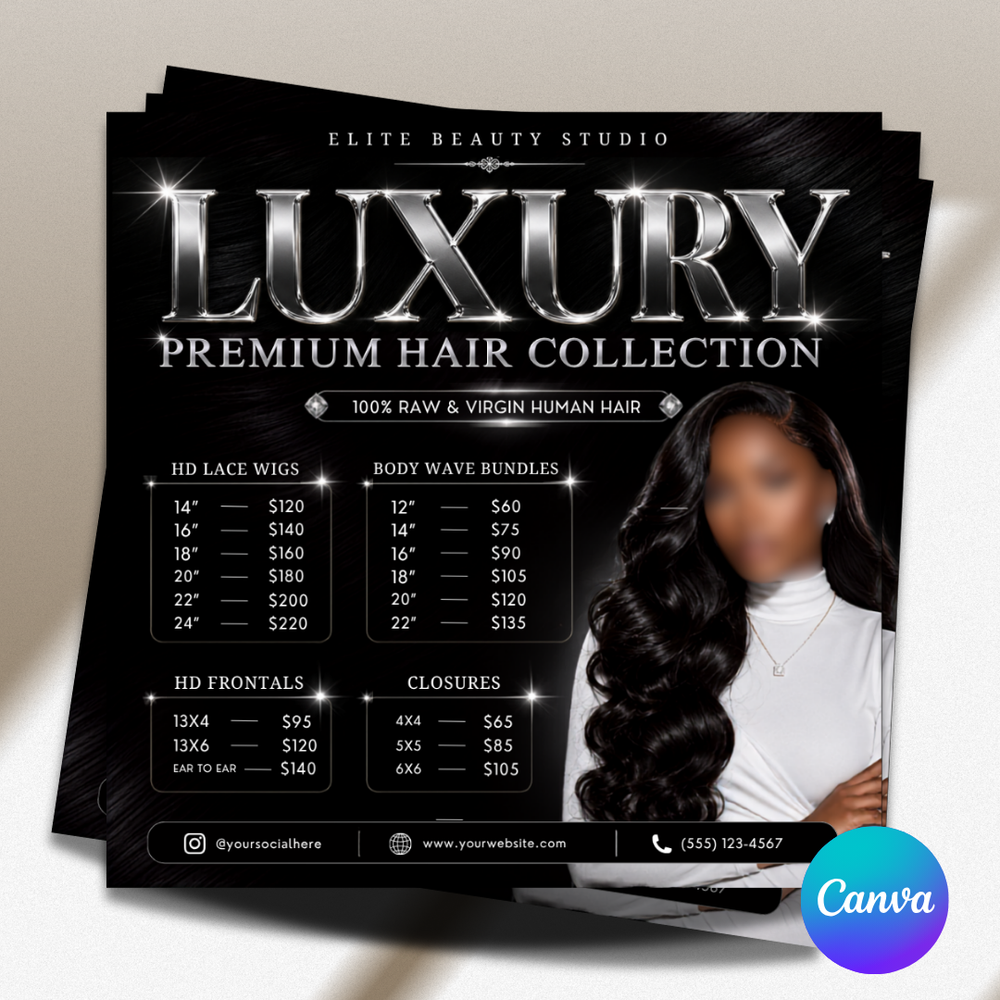 Hair Bundles Price List Template, Hair Sales Flyer, Wig Pricelist, Hairstylist Pricing, Canva Editable