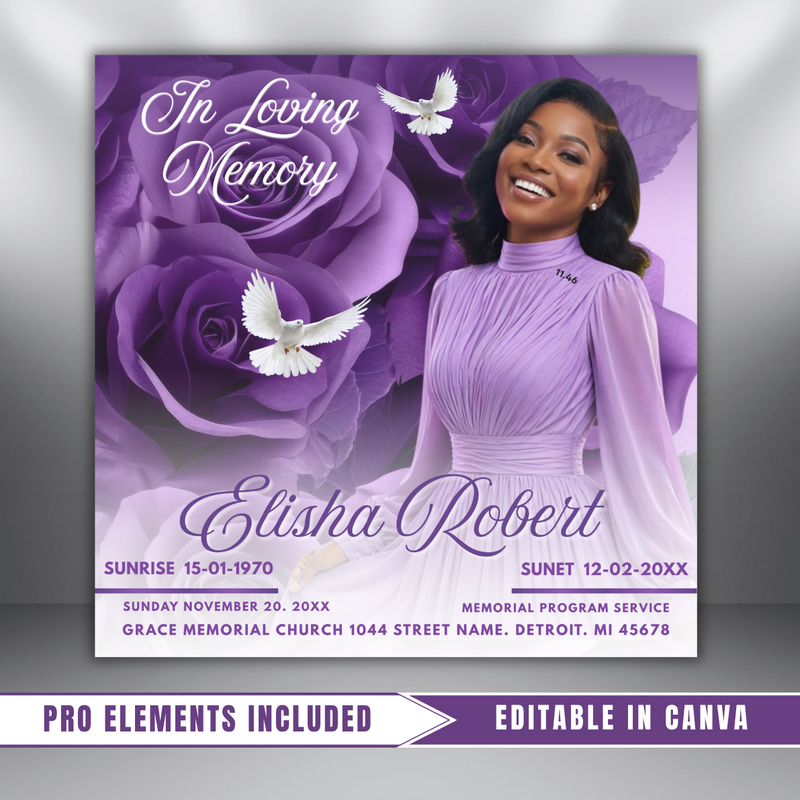 Purple Funeral Announcement Flyer: Editable Canva Template (Digital Download)