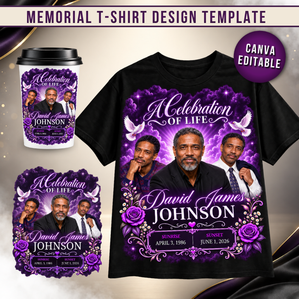 Purple In Loving Memory T-Shirt Template – editable Canva template, main preview