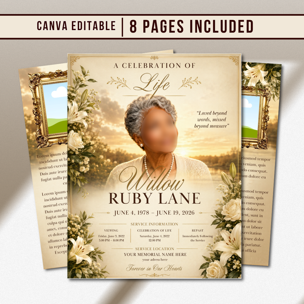 Flower Funeral Program Canva Template | 8 Page Memorial Booklet