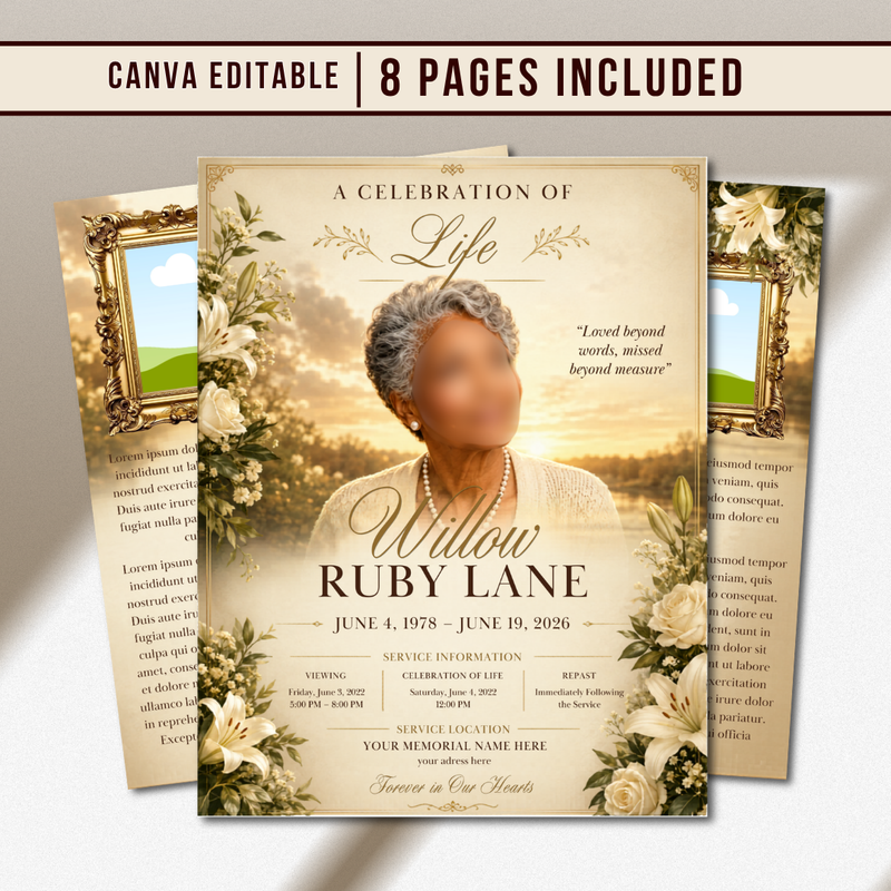 Flower Funeral Program Canva Template | 8 Page Memorial Booklet