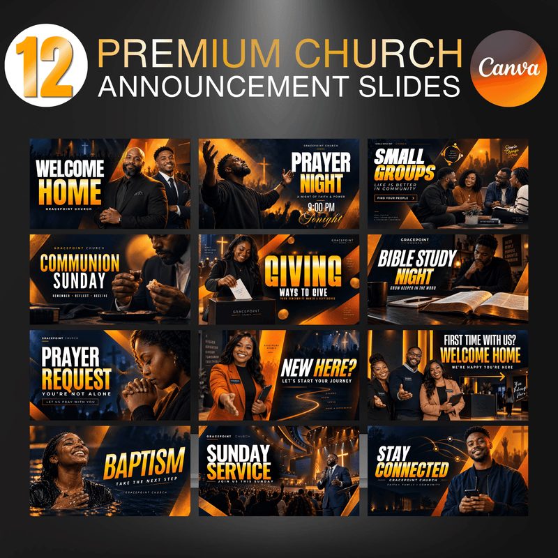 Church Announcement Slides Bundle – 12 Editable Canva Slides | Prayer Night, Welcome & Pre-Service
