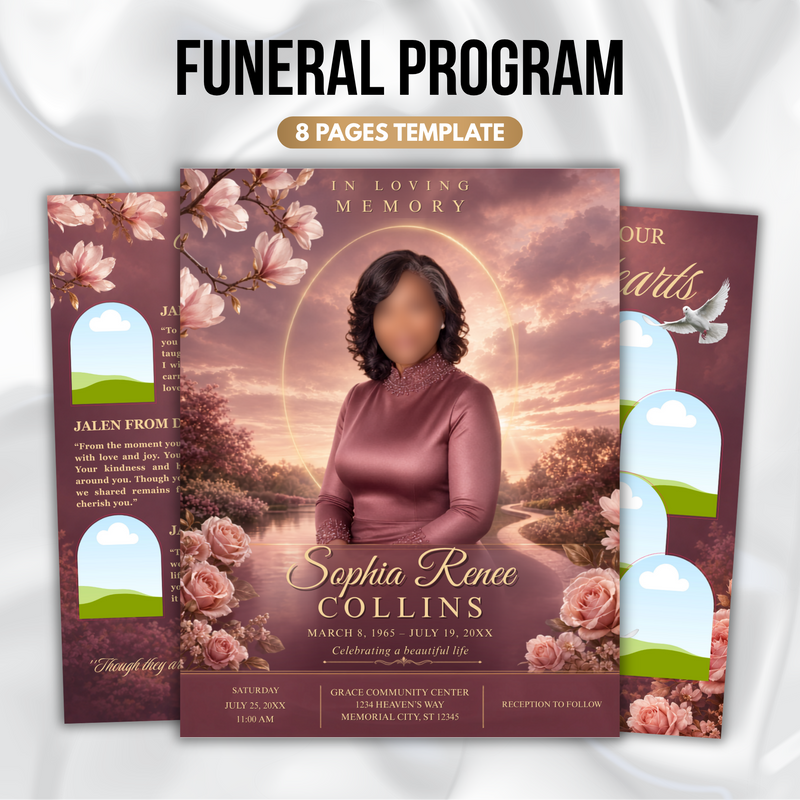 Dusty Rose Funeral Program Template | Elegant Memorial Service Canva Template | Celebration of Life Program 8-Page Memorial (Canva, PDF)