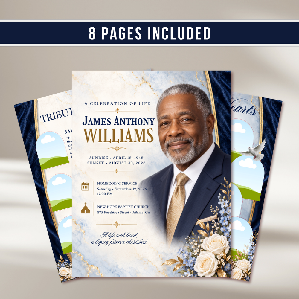 Blue & White Roses Funeral Announcement Flyer: Obituary, Celebration of Life (Canva Template PDF)