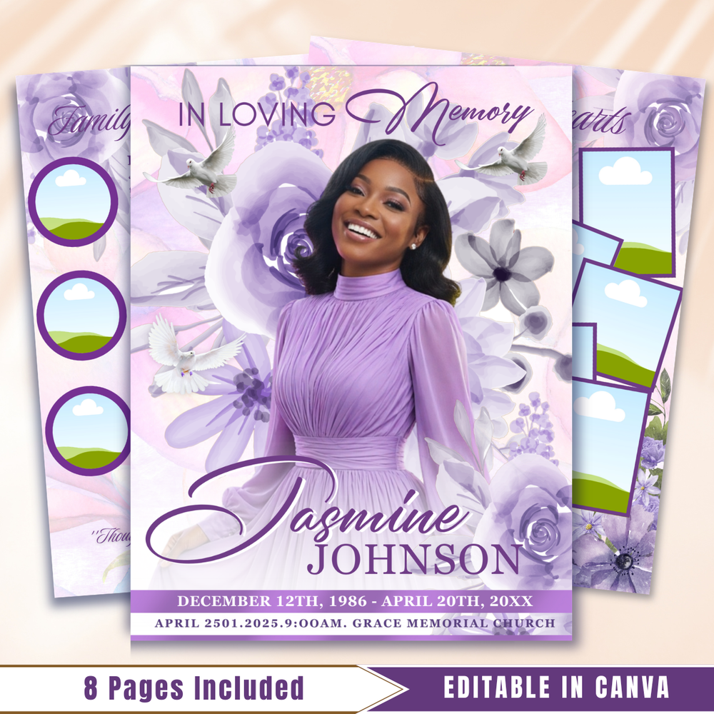 Purple Roses Funeral Program Template: 8-Page Memorial (Canva, PDF Download)