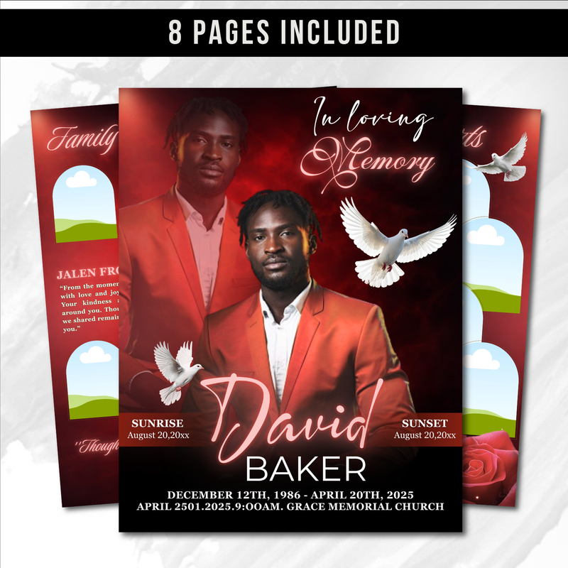 Red and Black Funeral Program Template: 8-Page Memorial (Canva PDF)