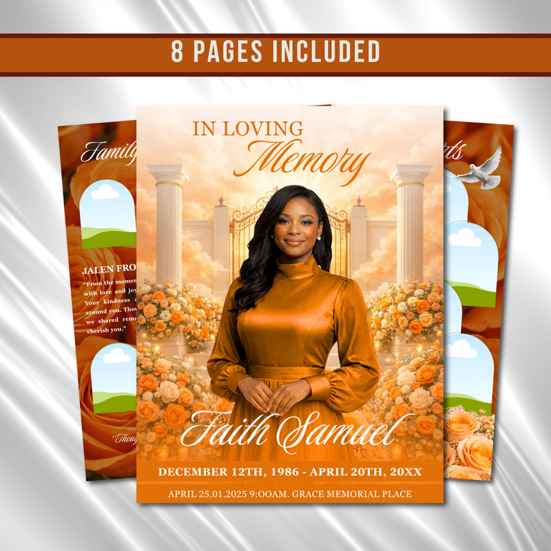 Orange Roses Funeral Program Template: 8-Page Memorial (Canva PDF)