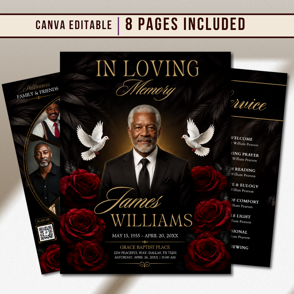 red & Gold Funeral Program Canva Template |8 Page Memorial Booklet
