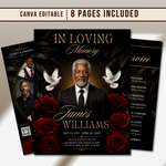 red & Gold Funeral Program Canva Template |8 Page Memorial Booklet