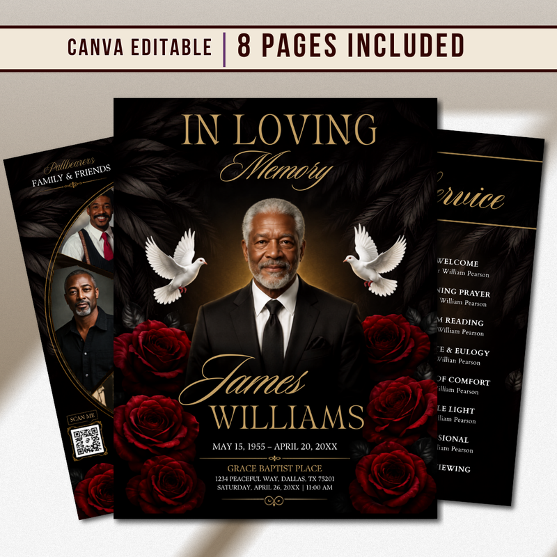 red & Gold Funeral Program Canva Template |8 Page Memorial Booklet