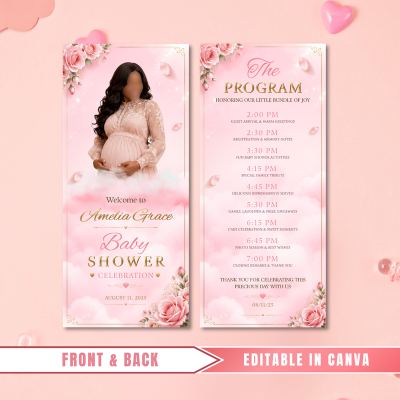 Editable Pink Baby Shower Program Template with Photo | Baby Shower Itinerary | It's a Girl Celebration | Order of Events Canva