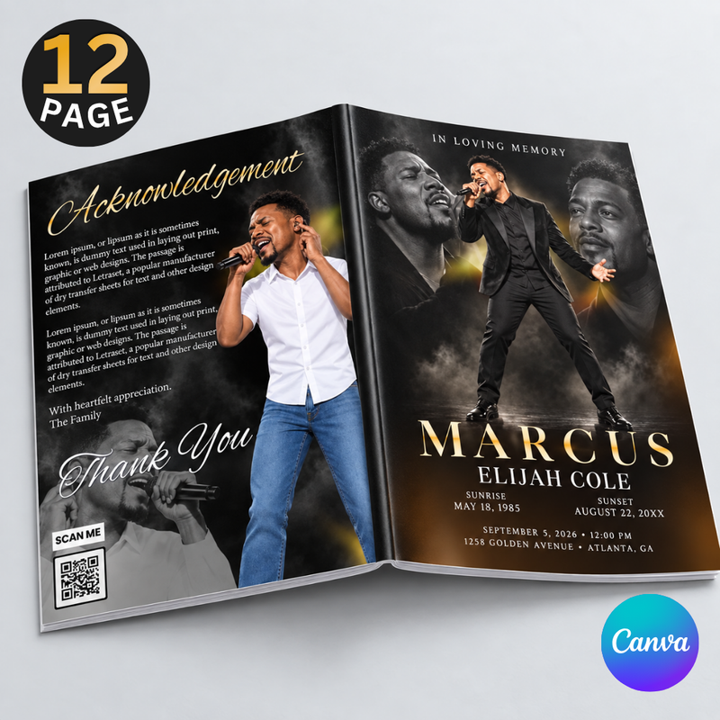 Black & Gold Funeral Program Template: 12-Page Memorial (Canva PDF)
