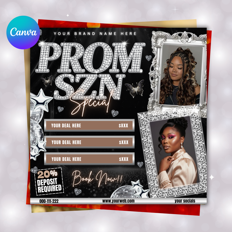 Prom Booking Flyer, Prom Szn Special Flyer, Prom Season Special Deal Flyer, Homecoming Flyer, MUA Lashes Nails Hair Braids wig Flyer, canva