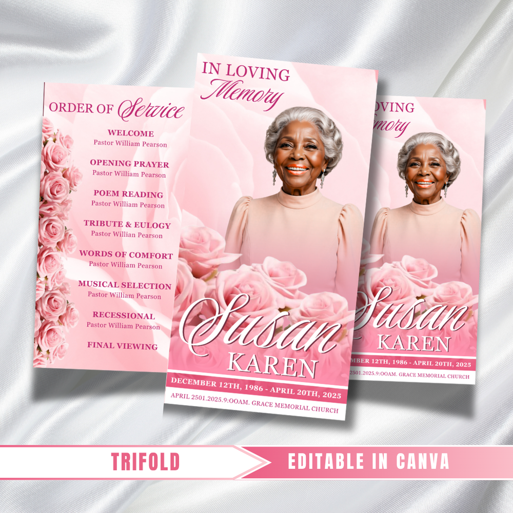 Pink Roses Funeral Program: Trifold Memorial Template (17x11 Canva Template)