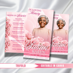 Pink Roses Funeral Program: Trifold Memorial Template (17x11 Canva Template)