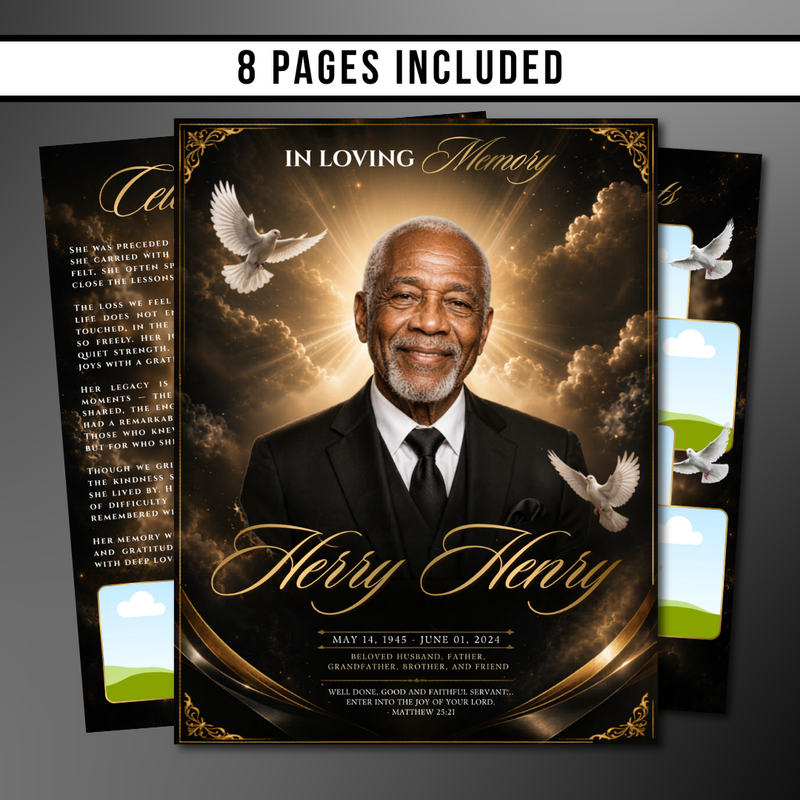 Black & Gold Roses Funeral Program Template: 8-Page Memorial (Canva PDF)