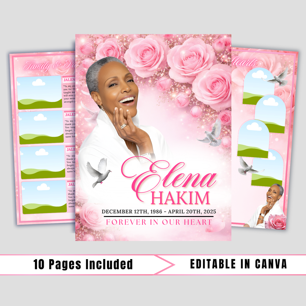 Pink Roses Funeral Program Template: 8-Page Memorial (Canva, PDF Download)