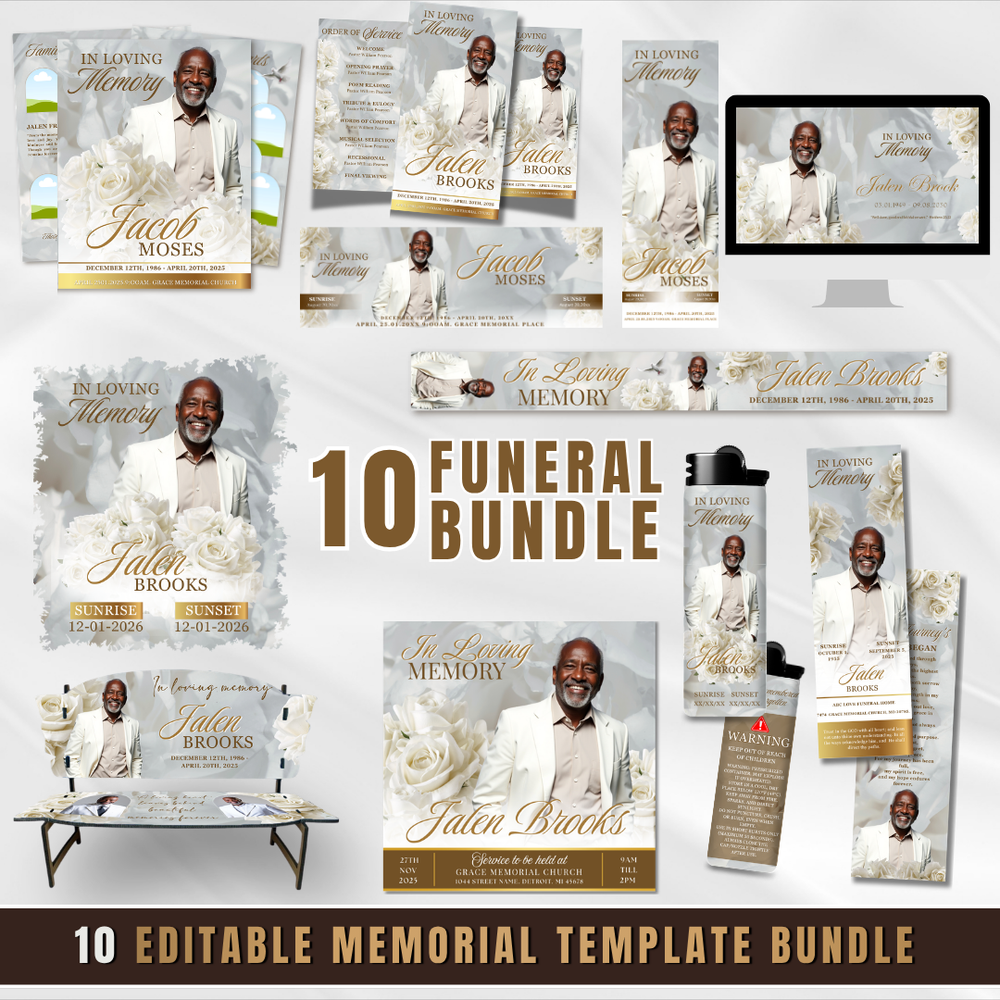 White & Green Roses Funeral Bundle (Canva PDF)
