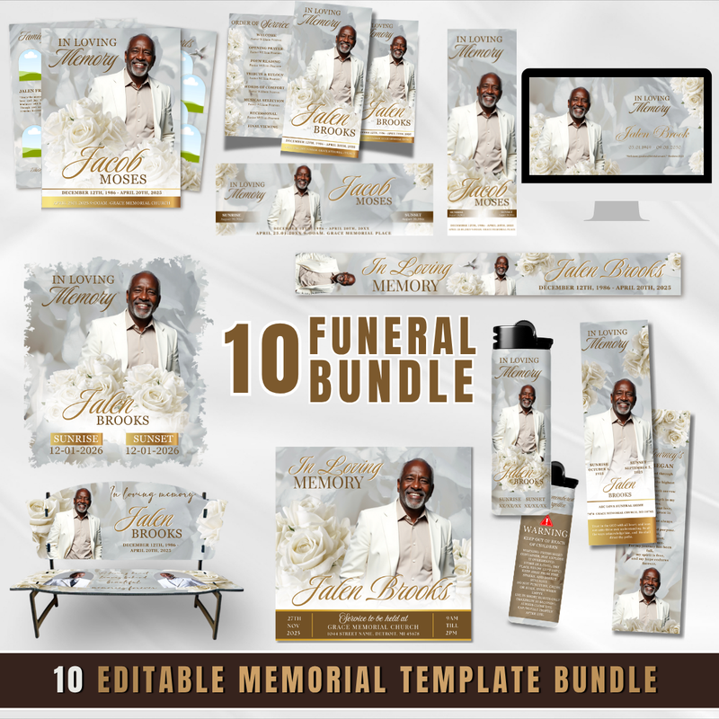 White & Green Roses Funeral Bundle (Canva PDF)