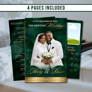 Emerald Green Wedding Program Template, 4-Page Bi-Fold Ceremony Booklet (Digital Download)