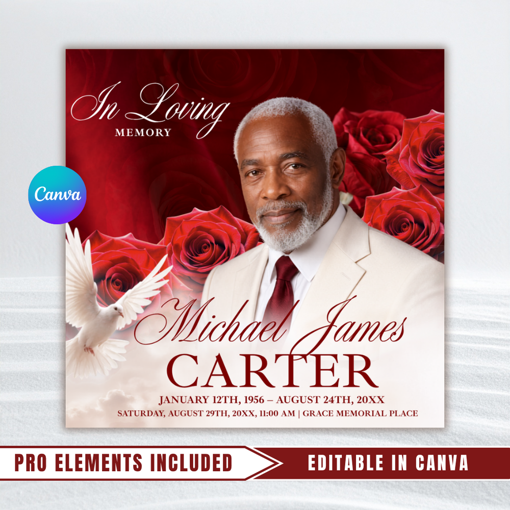Red Funeral Announcement Flyer, Celebration of Life Evite (Digital Download Canva Template 1080x1080px )