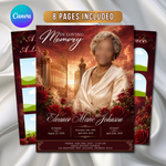 Red & Gold Funeral Program Canva Template |8 Page Memorial Booklet