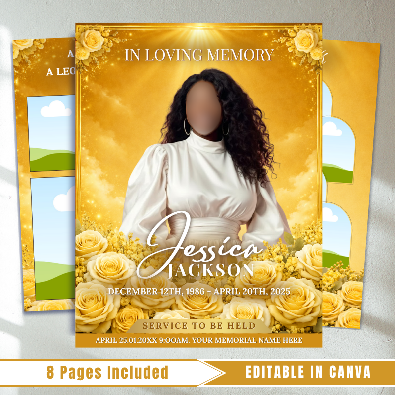 Yellow Roses Funeral Program Template: 8-Page Memorial (Canva PDF)