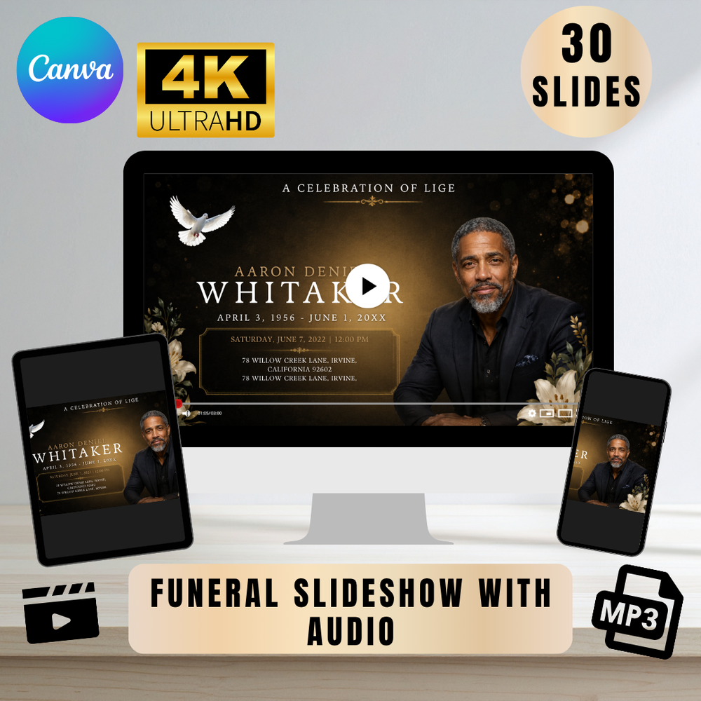 Black & Gold Funeral Slideshow Template, Celebration of Life (Canva, 30 Slides, MP4)