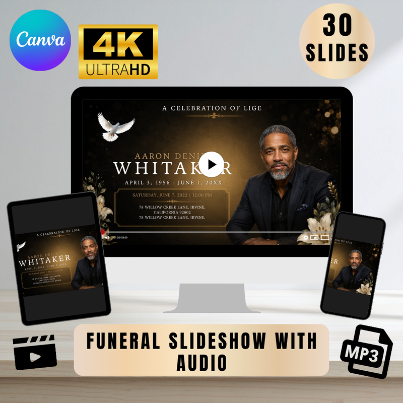 Black & Gold Funeral Slideshow Template, Celebration of Life (Canva, 30 Slides, MP4)