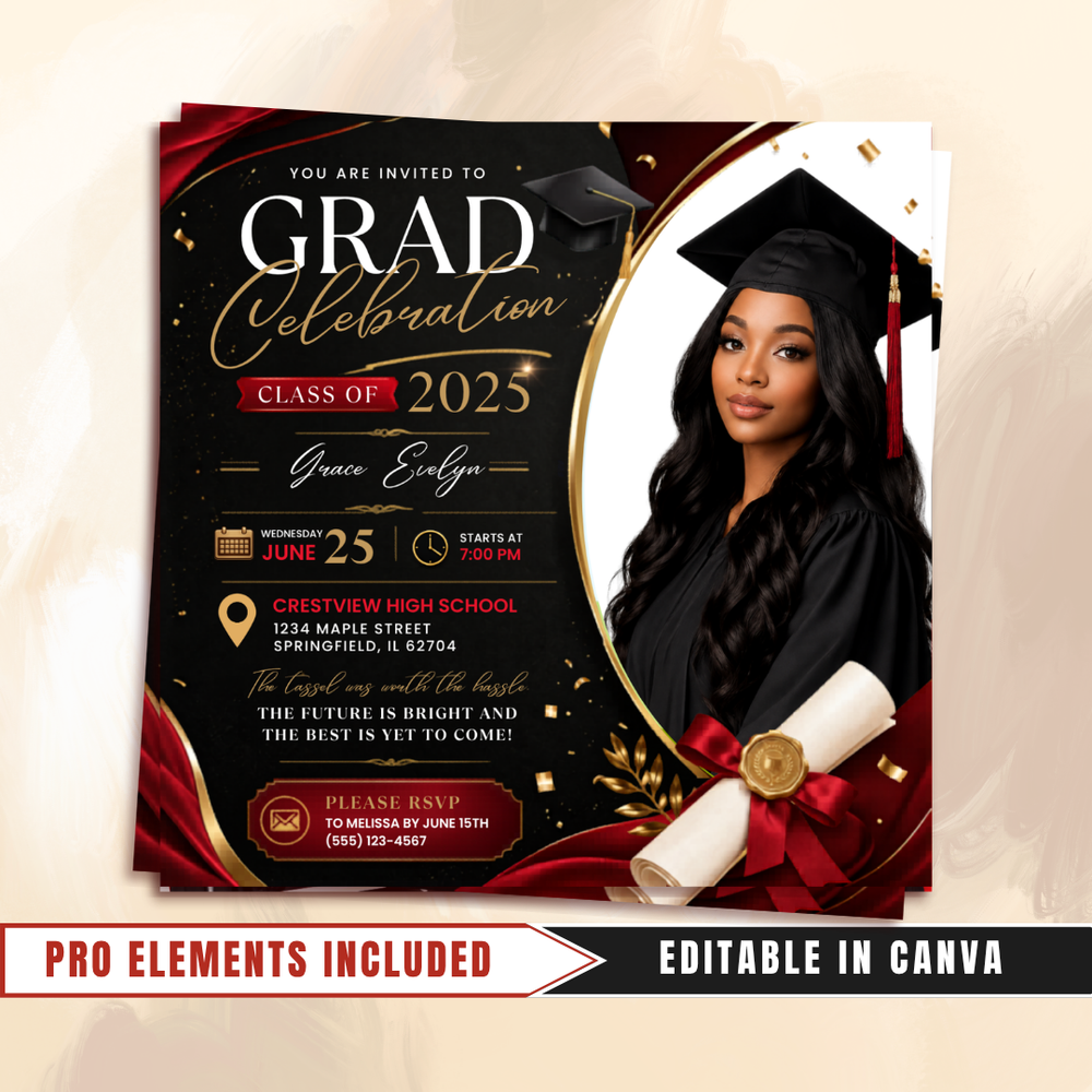 Class of 2026 Gold Graduation Invitation, Editable Magazine Style Black Boy College High School Grad Party Canva DIY Flyer