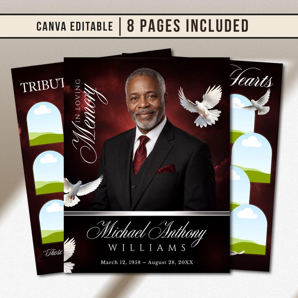 Red Funeral Program Canva Template | Red Theme | 8 Page Memorial Booklet