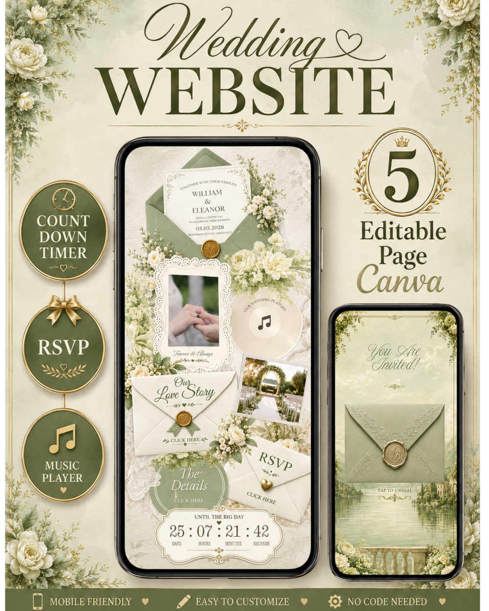 Green & White Floral Wedding Website Template with RSVP: Editable Canva Design (Digital Download)
