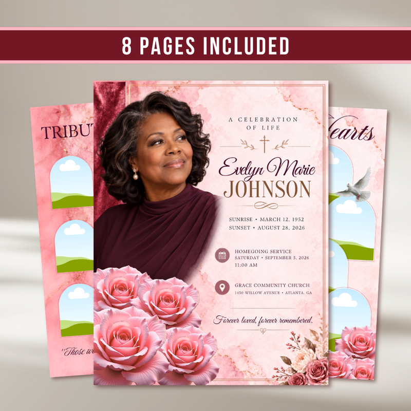 Pink Roses Funeral Program Template: 8-Page Memorial, Celebration of Life (Canva Template, PDF Download)