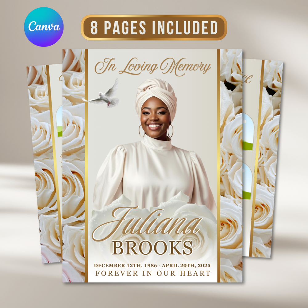 White Gold Funeral Program Template: 8-Page Memorial Program