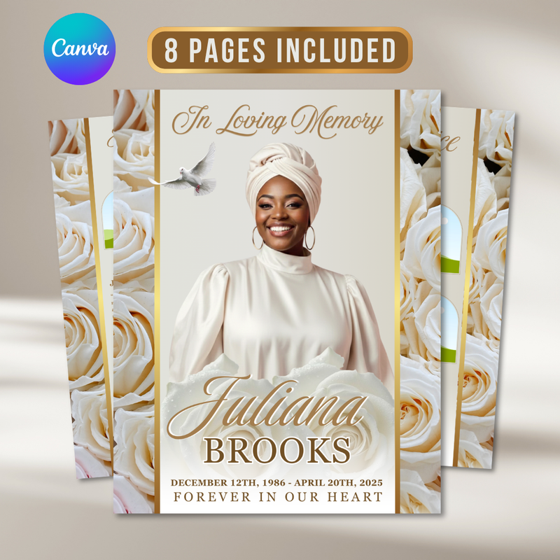 White Gold Funeral Program Template: 8-Page Memorial Program