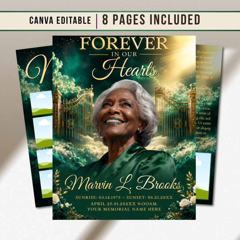 Green & Gold Roses Funeral Program Template: 8-Page Memorial (Canva PDF)