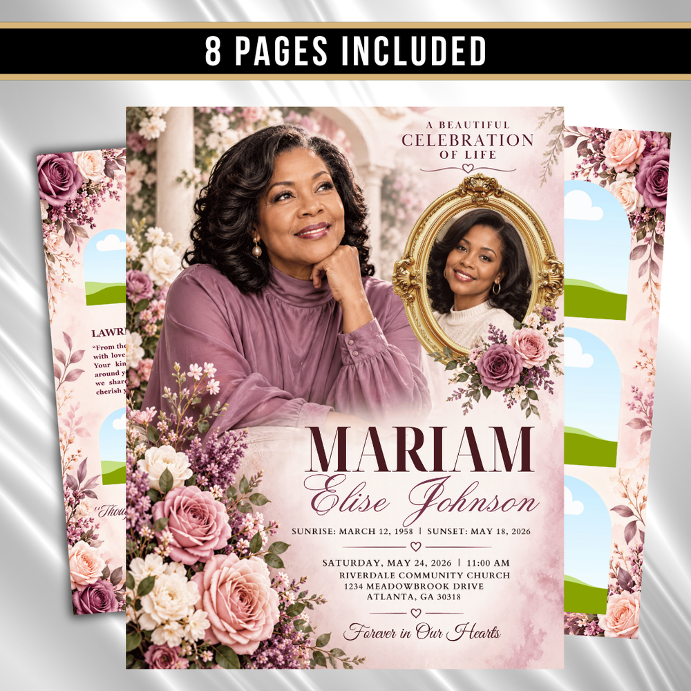 Memorial Funeral Program Template, Celebration of Life, Elegant Floral Memorial, Editable Canva Funeral Program, (Canva, PDF Download)