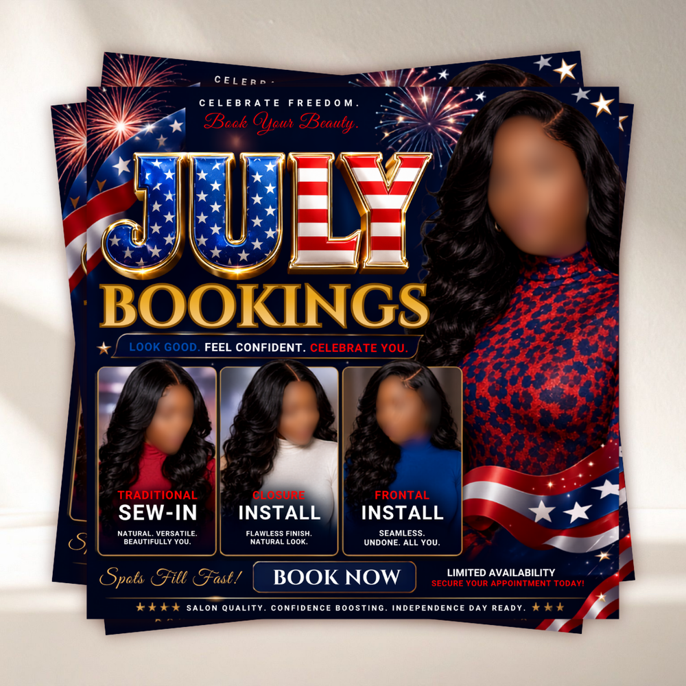 July Booking Flyer, Now Booking July, July 4th Flyer, Hair Braid Lash Brow Flyer, Fourth of July, Books Open, DIY Canva