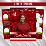 Red Floral Funeral Program Template, 8-Page Memorial (Canva, PDF)