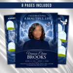 Blue Funeral Program Canva Template | 8 Page Memorial Booklet (Canva, PDF)