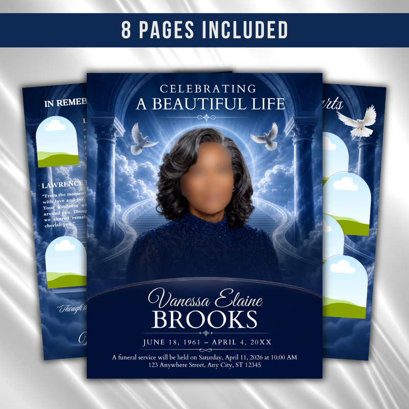 Blue Funeral Program Canva Template | 8 Page Memorial Booklet (Canva, PDF)