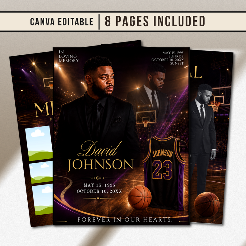 Basketball Funeral Program Canva Template |8 Page Memorial Booklet