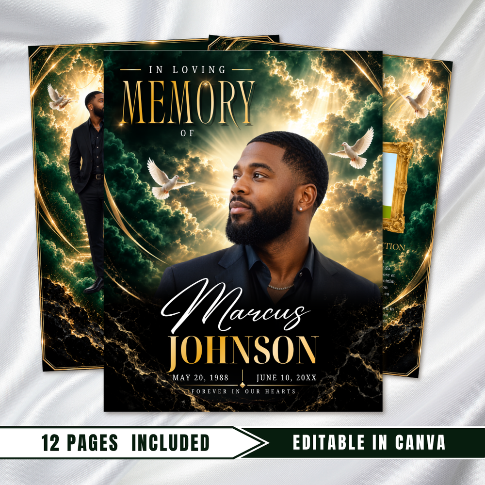 Green & Gold Funeral Program Template: 8-Page Memorial (Canva PDF)