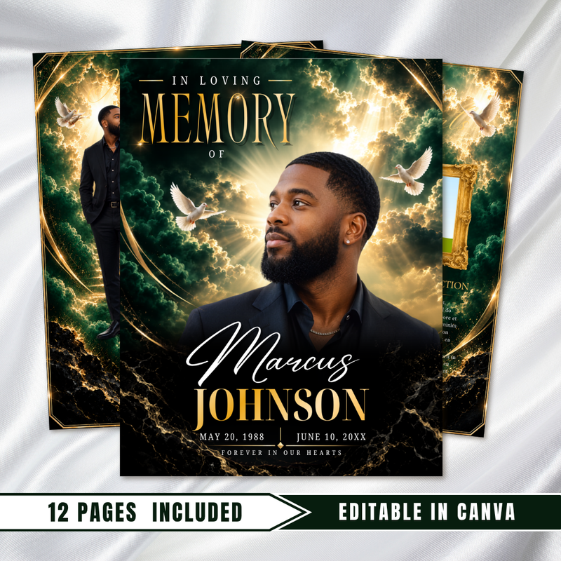 Green & Gold Funeral Program Template: 8-Page Memorial (Canva PDF)