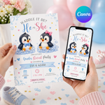 Penguin Gender Reveal Invitation, Waddle It Be Invite, Baby Boy Or Girl, Printable Spring Party Template, He Or She