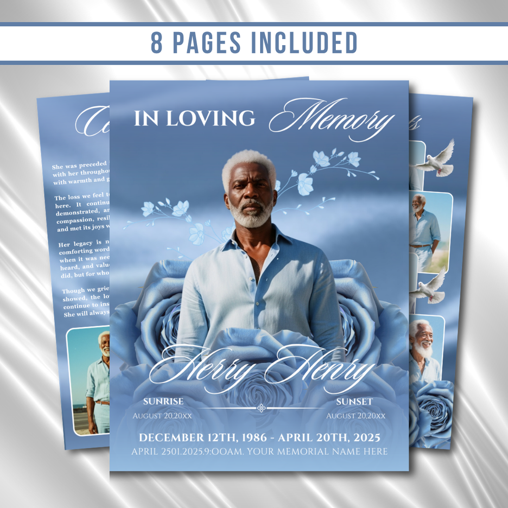 Horizon Roses Funeral Program Template: 8-Page Memorial (Canva PDF)